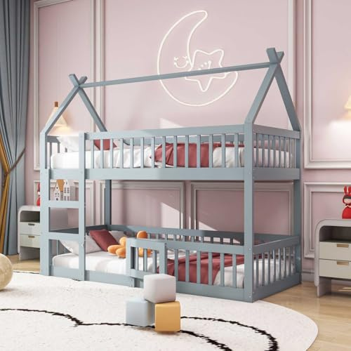 YEHTOKHOME Lit d'enfant,lit Multifonctionnel avec escalier,Lits superposés en Bois Massif,Lits loft de Style Moderne,Lits familiaux pour Enfants(sans Matelas) (Gris, 90x200cm)