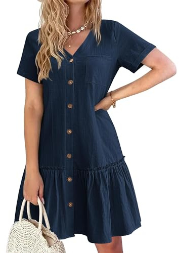 Hotouch Robe d’été Femme Lin Boutonnée Col V Robe de Plage Casual Courte A-Ligne à Volants