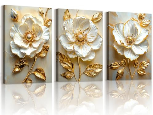 WENGTIAO Set of 3 White Gold Peony Flowers Canvas Wall Art Prints Framed | Luxury Gold Leaves Beige Floral Painting on Canvas Wall Pictures for Living Room Bedroom Home Decor Ready to Hang 30x40cmx3