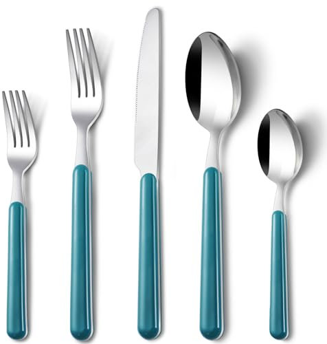 BEWOS Set di posate da 60 pezzi, servizio per 12, set di posate da cucina, set di forchette, coltelli e cucchiai blu anatra, set di posate in acciaio inox per la casa, le feste