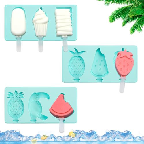 Eisformen Eis am Stiel,3 Stück 9 Eisformen Silikon mit Deckel,BPA Frei Wassereis Formen,Eis Formen für Stieleis (Blau)