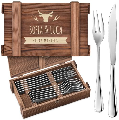 Maverton Couverts de Table à Steak - 6 Couteaux a Steak et 6 Fourchette a Viande dans un Coffret Cadeau Couple Personnalisé - Set De Table avec Boîte en Bois - Cadeau Personnalisé Femme
