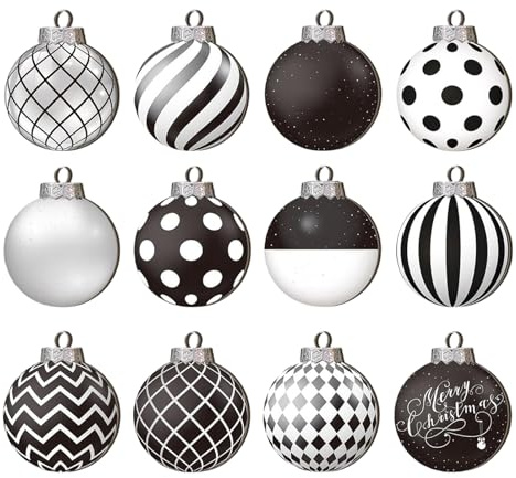 Amesor Weihnachtskugel-Anhänger, Weihnachtskugeln, lustige Ornamente | 12x Deko-Kugelornament aus Holz,Bruchsicherer 2D-Weihnachtsbaumschmuck, festlicher schwarz-weißer Weihnachtsanhänger für Festival