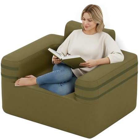 GOPLUS Sofá Hinchable Simple de Tejido Oxford, Sillón Portátil con Bomba de Aire Integrada, 3 Boquillas, Bolsillo, Silla de Camping para Interior y Exterior, Carga 150 KG (103 x 83 x 78 CM)