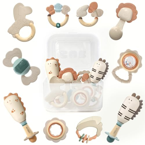 Evoceler Baby Toys 0-6 Months, 10pcs Newborn Toys Baby Rattle Teething Sensory Toys with Storage Box, Newborn Essentials for Baby Infant Girl Boy