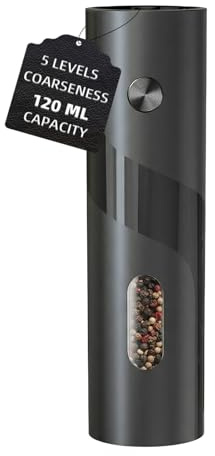 Molinillo Pimienta Electrico y de Sal, Saleros de Cocina a Pilas Negro, 110ml Gran Capacidad, 5 Niveles Ajustables con Cepillo y Ventana Visual