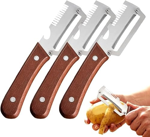 Pelador de Verduras Multifuncional,2026 Pelador de Cuchillas de Acero Inoxidable 3 en 1 para Cocina con Mango de Madera y Abridor de Botellas,Peladores ultra Afilados Herramienta de Cocina (3 PCS)