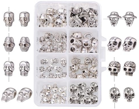 PH PandaHall 80 Stück Tibetischen Stil Schädelperlen, 8 Stile Schädel Abstandsperlen Zwischenperlen Antik Silber Totenkopf Lose Perlen für Halloween Armband Halskette Schmuckherstellung