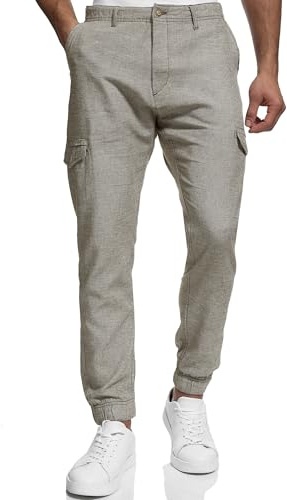 Indicode Herren Booth Cargohose aus Leinen & Baumwolle mit 6 Taschen | Stoffhose für Männer Dark Olive, M