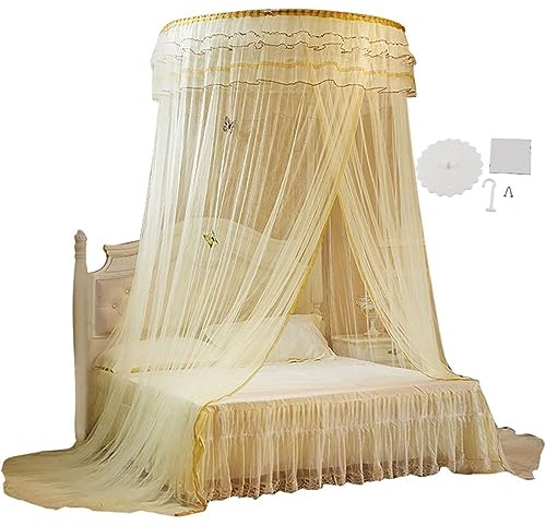 Andningsbar hopfällbar sänggardin runt baldakinsgardin gardin spets prinsessa stil för sovrum hushåll hem Decoraiton(Beige)
