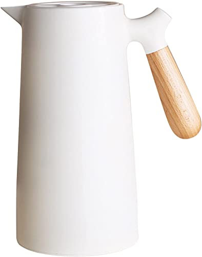Webao Cafetière isotherme de 1 l avec poignée en bois, insert en verre, fermeture Quick Tip, bouteille isotherme pour café, thé et eau, blanc