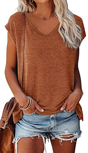 OLIPHEE Camiseta Basica Mujer Verano Mangas Cortas Camiseta Elegante Blusas Casual Toppar T-Shirt Basica Marrón XL
