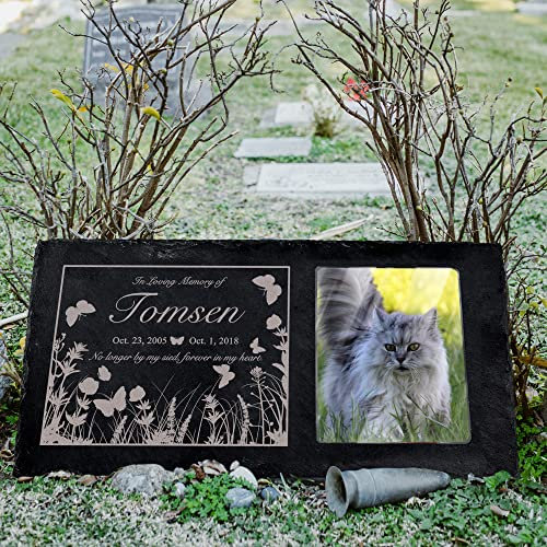 Bivei Piedras conmemorativas personalizadas para mascotas, piedra conmemorativa negra para jardín, regalo grabado, marcador de tumba para mascotas en color foto de gato/perro, recuerdo de recuerdo por