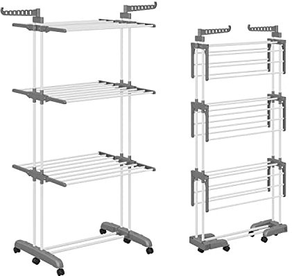 Shrivee 3 Etagen WäScheständer Turm Klappbarer mit 2 Drehbare Flügeln Hoch 178cm Klappbare Füsse Platzsparend Clothes Drying Rack mit Rädern für Wohnung, Balkon & Garten (Grau
