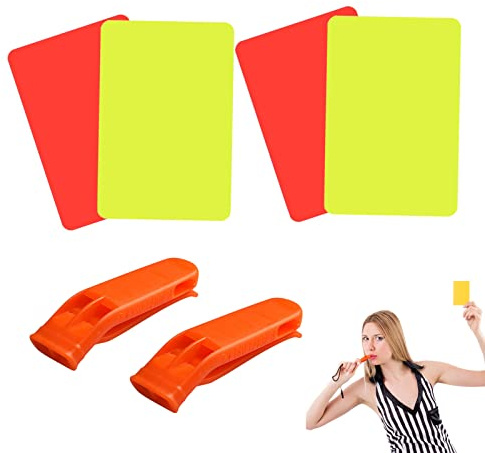 SPEPROECO 3.2x4.3 inch 2pack Referee Card with 2pcs Whistle,Sports Referee Red Yellow Card Set,Referee Red Yellow Cards Dual Band Whistle for Football,Soccer Match,Basketball,School Sports