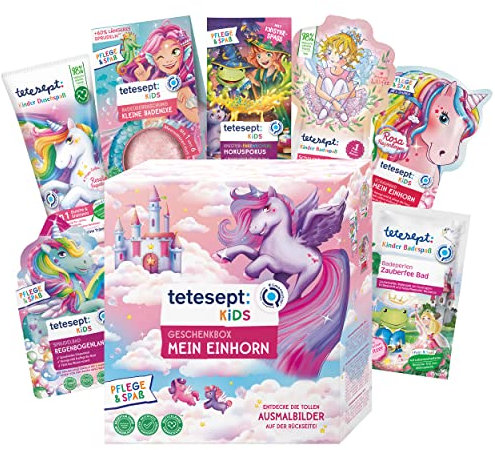 tetesept Kids Geschenkbox Mein Einhorn - Kinder Badezusatz Geschenkset mit Sprudelbad, Schaumbad, Badeüberraschung, Dusche und Armband - mit hautpflegender Rezeptur – 10er Set