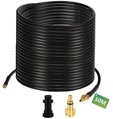 Sonnewelt 30m Tuyau Déboucheur Canalisation pour Nettoyeur Haute Pression, 180 Bar 60°C, Déboucheur de canalisations avec Adaptateur, M22 à Filetage Tuyau haute pression,Accessoires