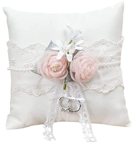 Hintyne Ringkissen für Ringträger Hochzeitsringkissen Satin-Ringträgerkissen weißes Ringkissen mit Spitze und Blumen verziert für die Hochzeitsantragszeremonie 20x20 cm