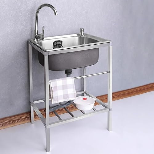 MTSYXYM Évier Utilitaire Extérieur, Acier INOX, Évier INOX Exterieur Indépendant, avec Support, Égouttoir, Barre Porte-Serviettes, 48*35*75cm/19*14*29in