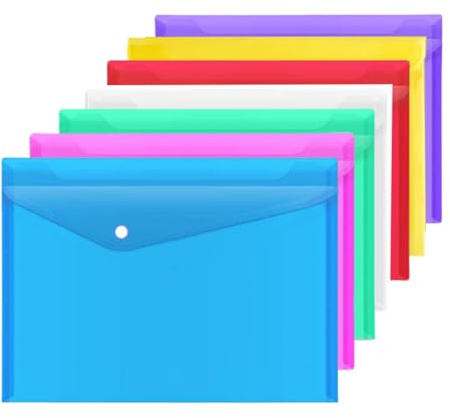 A4 Plastic Wallets 7PCS Folders Waterproof Plastic Wallet Transparent Colours with Button Storage and Organization Office Supplies
