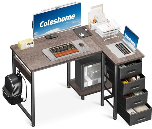 Coleshome Scrivania Angolare, 100x70cm Scrivania a L con 4 Cassetti, Tavolo Computer Reversibile per Ufficio/Camera da Letto, Quercia Grigia