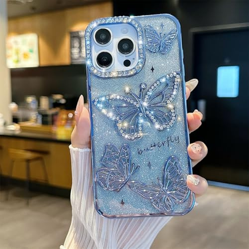 Rokmym Fodral kompatibelt med iPhone 14 söt 3D fjäril mobiltelefonfodral bling diamant glitter kamera skydd mjuk TPU stötfångare stötsäkert fodral skyddsfodral för iPhone 14, blå