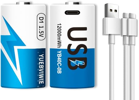 YUEBVIWIE Rechargeable Lithium D Batteries with 2 in 1 USB-C Charge Cable,2 Pack D Cell Li-ion Battries, LR20 1.5V D Size Cell Battery Replacement 12000mWh for Toys, Flashlights, Clocks, Gas Stove