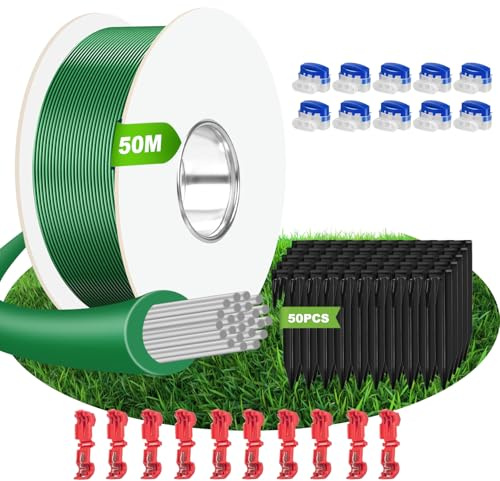 Cable Robot Tondeuse 50M + 50 Piquets + 10 Connecteurs de Câble + 10 Bornes de Connexion, Fil pour Robot Tondeuse, Câble pour Robots Tondeuses Compatible avec Gardena/Bosch/Worx/Yard Force etc