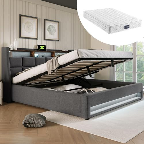 DEKKETO Boxspringbett mit Stauraum, Polsterbet 140x200 Doppelbett mit LED Kopfteil Fußende und 2 USB-Anschluss, Hydraulisch Stauraumbett Rückenlehne Bettgestell mit Matratze, Grau