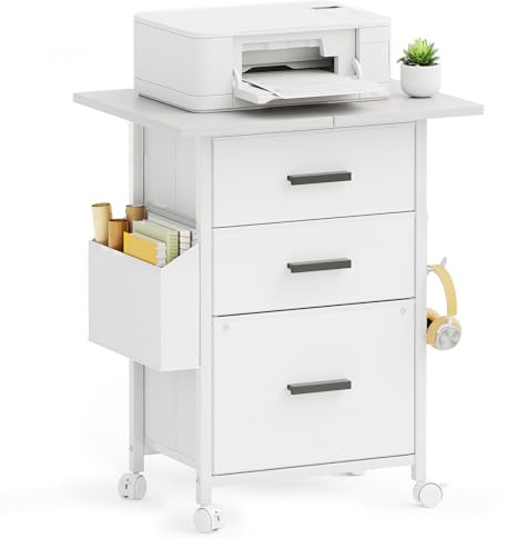 CAIYUN Cassettiera arrotolabile, con 3 cassetti e ruote, per documenti in formato A4, supporto per stampante con una larghezza del tavolo di 56 cm, design industriale, bianco