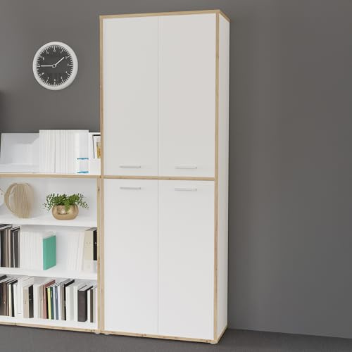 Forte KEFLAVIK Armoire de Bureau Moderne 80 90 avec 4 Portes en matériau dérivé du Bois, décor chêne Artisanal, Blanc, 84,5 cm de Large x 226,5 cm de Haut x 41,5 cm de Profondeur