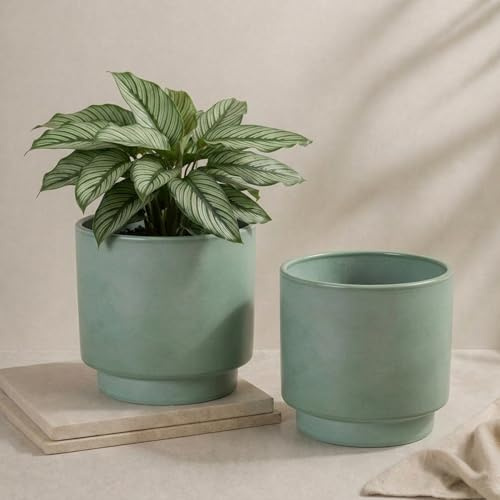 matches21 HOME & HOBBY Set di 2 vasi da fiori in ceramica, diametro 13 x 12 cm, colore verde salvia – vasi senza tempo con piede