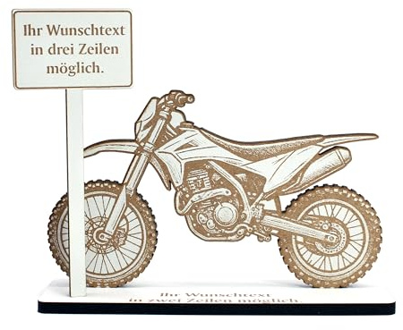 DEKOLANDO Pengagåva Crossbike/Motocross – present dekorativ stativ med crossbike/motocross och personlig skylt – 15 × 12 cm – presentidé önskad text motorcyklister