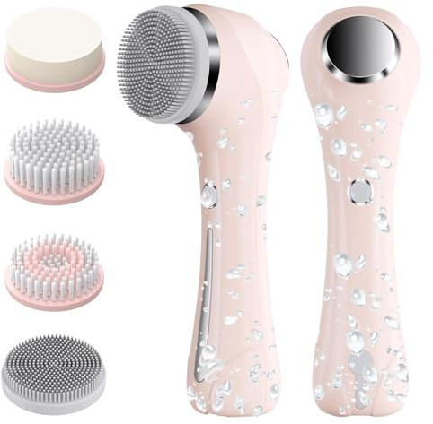 Facial Cleansing Brush, 2 in 1 Ｗaterproof IPx7 Facial Spin Scrubber Set with 4 Brush Heads, Rechargeable Exfoliating Face Brush Deep Cleansing, Gently Exfoliate and Remove Blackhead (Pink)