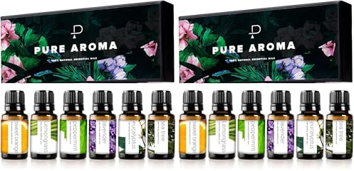 Essential Oils by Pure Aroma 100% Pure Therapeutic Grade Oils kit- Top 6 Aromatherapy Oils Gift Set-12 Pack, 10ML(Eucalyptus, Lavender, Lemon Grass, Orange, Peppermint, Tea Tree)