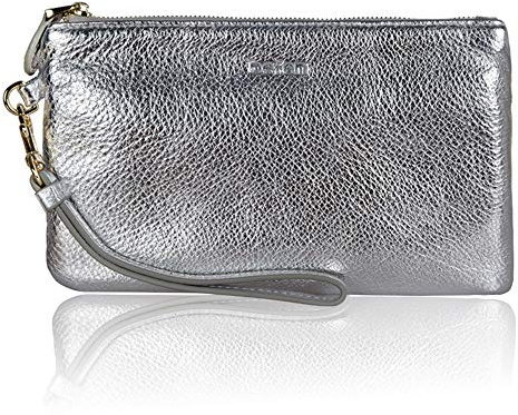 befen Echtleder Clutch Bag Damen Handtasche RFID-Blockierung Wristlet Portemonnaie Geldbörse mit Reißverschluss & Abnehmbare Handgelenk für Abend, Urlaub, Silber