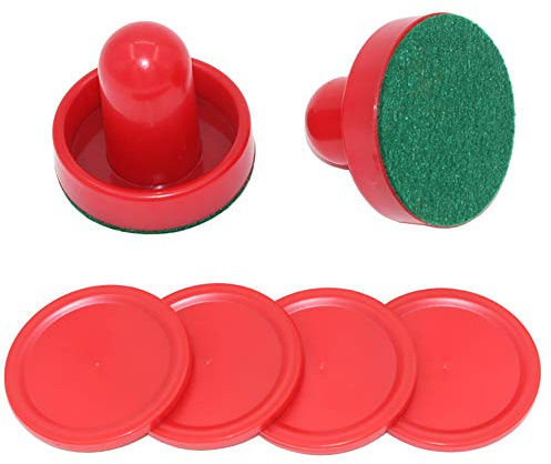 HugeDE 2 Pcs Red Air Hockey Pushers and Air Hockey Pucks Great Goal Handles Paddles Replacement Accessories for Game Tables
