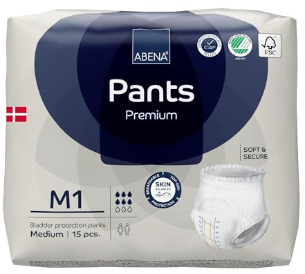 Abena Pants Premium Pull-Up Incontinence Pants, Eco-Labelled Incontinence Pants for Men & Women, Discreet, Protective, Breathable, Comfortable - Medium 1, 80-110cm Waist, 1400ml Absorbency, 15PK