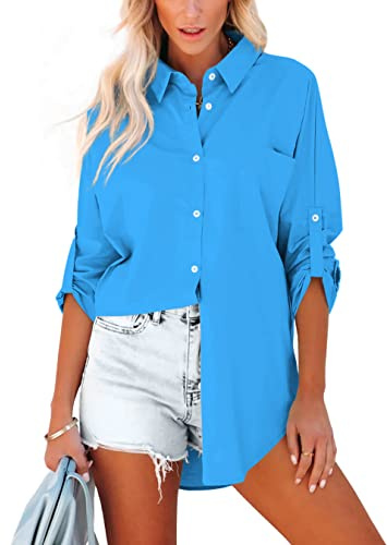 Homlan Camicia da Donna in Cotone, a Maniche Lunghe, Arrotolabile, Elegante, Casual, con Bottoni, Tinta Unita, a Maniche Lunghe, con Tasche sul Petto, Blu, S