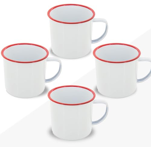 FUN FAN LINE - Set med 4 retro emaljmuggar av metall, i en Flerfärgad design | Stora vintage frukostmuggar på 380ml | Originella muggar för kaffe, te och varm choklad (Vit med rött, 4)
