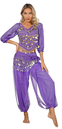 iiniim Dam magdans kostym långärmade toppar harembyxor orientalisk indisk magdansare danskläder halloween karneval party kläder lila en storlek