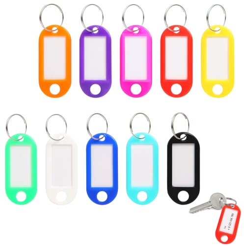 Gyxcelc 100 Stück Schlüsselanhänger Kunststoff Schlüsselschilder Schlüsselanhänger Beschriftbar, 10 Farben Austauschbar, Schlüsselanhänger mit Schlaufen für Schlüssel, Haustiere, Gepäckstücke