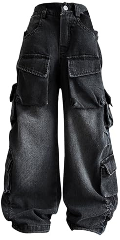 YCBMINGCAN Jean pour enfant fille déchiré délavé baggy jambe large pantalon décontracté taille 5-16 enfants pantalon de pluie, Noir , 15-16 ans