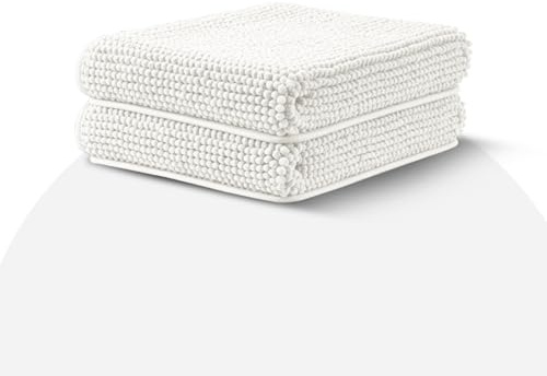 Moonlight Bedding White Bath Mat Non Slip Anti Mould – 2 Pack Chenille Bathroom Mat 40x60cm Machine Washable Shower Mat