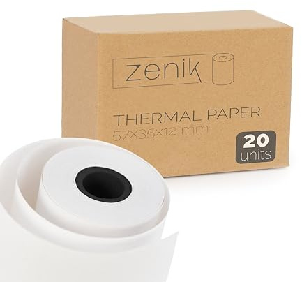 ZENIK | 20 Rotoli di Carta Termica 57x35x12mm | Senza BPA | Compatibilità Universale | POS, Terminale di Pagamento, Stampante Termica 57mm, Scontrini | Alta Durata