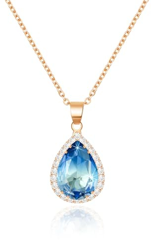 Linawe Aquamarin Kette Halskette Damen Blau Anhänger Diamant Geburtsstein Kristall Damenkette, Rosegold Charm Kette Kettenanhänger, Schmucksets für Damen Jewelry Modeschmuck