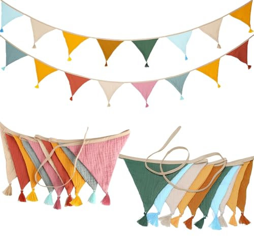 DMSESRLS 2 Stück Wimpelkette Kinderzimmer, Musselin Baumwolle Stoff Wimpelkette mit Quasten, 2.6m Wetterfest Wimpelkettes Outdoor für Girlande Kinderzimmer Deko, Hausbett, Babybett, Wanddeko