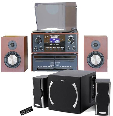 HOUSTON 1 Compatible with Steepletone Houston RECORDING HiFi Music Centre, Wireless Speakers + POWERFUL Wired Sub-Woofer SPEAKER SYSTEM. DAB, CD, Vinyl Records, Tapes, MP3 USB, Bluetooth (Black/Wood)