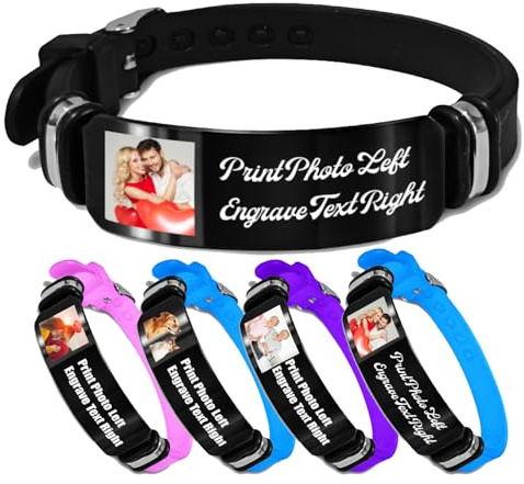 Custom Photo Bracelet For Men Women Engraved Name Text Words With Adjustable Silicone Wristband，Personalised Couple Bracelets Gift for Him, Customise Memorial Gifts with Photos Pictures Image