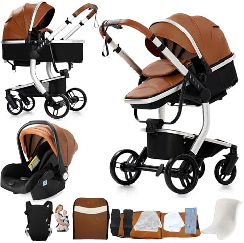 Veitoalioy Cuero PU Carrito Bebe 3 en 1, Portátil Cochecito Plegable, Carrito de Paisaje Alto Se puede empujar hacia adelante y hacia atrás, Cochecito de Bebé Conveniente y Multifuncional (518 Khaki)